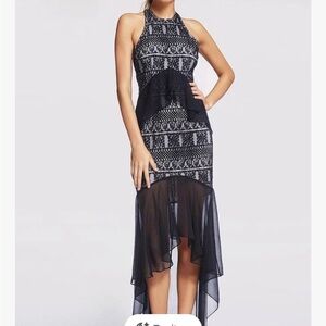 Stunning Black and White High-Low Halter Dress with Beautiful Lace Detail